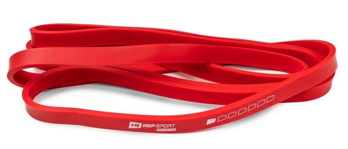 Czerwona guma oporowa z widocznym logo \'HOP-SPORT\' oraz kilkoma białymi symbolami na powierzchni.