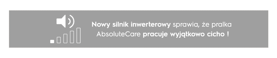 Grafika przedstawia ikonę głośnika z poziomymi kreskami oraz tekst: \'Nowy silnik inwerterowy sprawia, że pralka AbsoluteCare pracuje wyjątkowo cicho!\'.