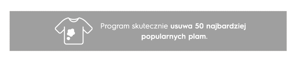 Grafika przedstawia ikonę koszulki z plamą oraz tekst: \'Program skutecznie usuwa 50 najbardziej popularnych plam.\'