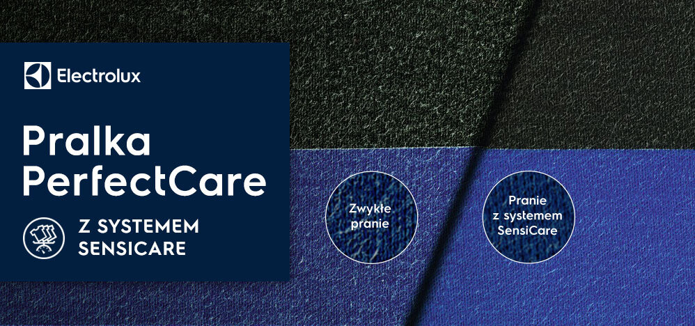 Obraz przedstawia logo Electrolux oraz tekst: \'Pralka PerfectCare z systemem SensiCare\'. Po prawej stronie znajdują się dwa okręgi z napisami \'Zwykłe pranie\' i \'Pranie z systemem SensiCare\'.