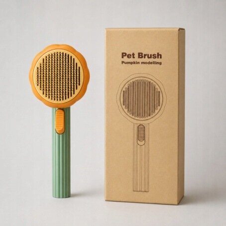 Na obrazie widoczna jest szczotka do sierści zwierząt z pomarańczową główką i zieloną rączką, obok której stoi pudełko z napisem \'Pet Brush Pumpkin modelling\'.