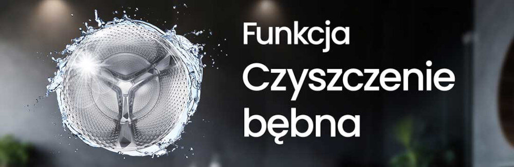 Obraz przedstawia bęben pralki otoczony wodą z efektem rozprysku. Obok widnieje tekst: \'Funkcja Czyszczenie bębna\'.