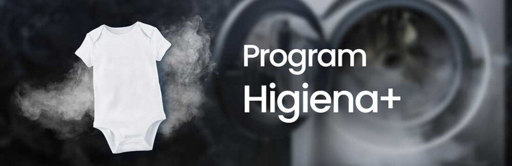 Na obrazie widoczny jest biały dziecięcy body otoczony parą. Obok znajduje się napis \'Program Higiena+\'.