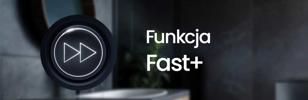 Obraz przedstawia przycisk z symbolem podwójnej strzałki skierowanej w prawo oraz napis \'Funkcja Fast+\'.