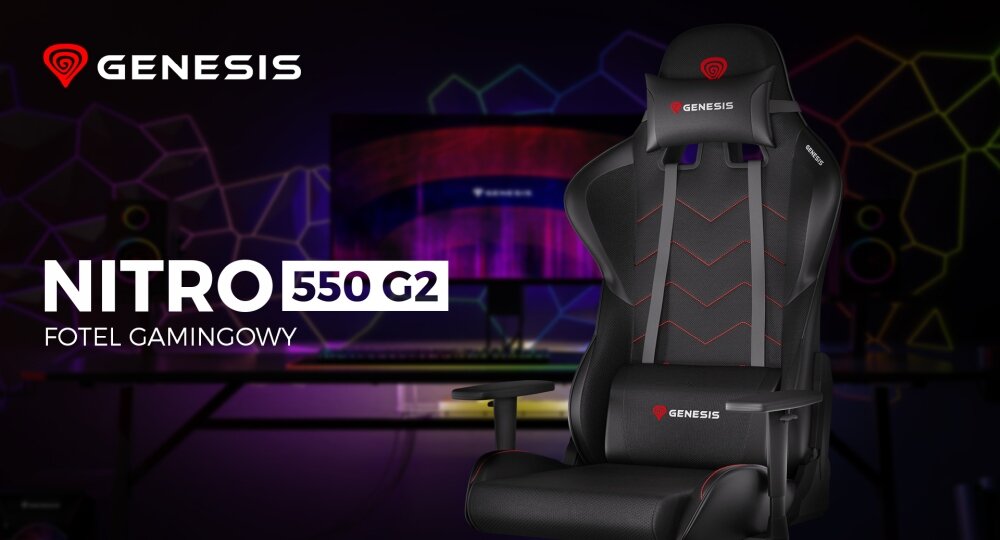 Obraz przedstawia czarny fotel gamingowy z czerwonymi akcentami, oznaczony logo GENESIS. W tle widoczny jest ekran z kolorowymi wzorami i napisami \'NITRO 550 G2 FOTEL GAMINGOWY\'.