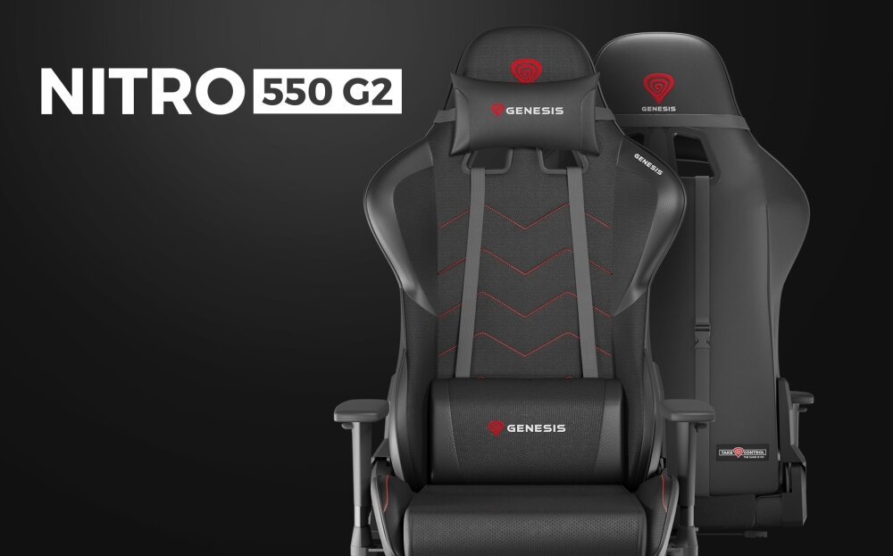 Obraz przedstawia czarny fotel gamingowy z czerwonymi akcentami i logo GENESIS na zagłówku oraz oparciu. Obok widoczny jest napis \'NITRO 550 G2\'.