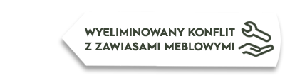 Grafika przedstawia biały prostokąt z tekstem: \'WYELIMINOWANY KONFLIKT Z ZAWIASAMI MEBLOWYMI\'. Obok tekstu znajdują się ikony klucza i dłoni.