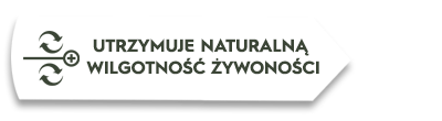Grafika przedstawia ikonę z dwoma strzałkami i symbolem plusa oraz tekst: \'UTRZYMUJE NATURALNĄ WILGOTNOŚĆ ŻYWNOŚCI\'.