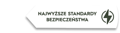 Grafika przedstawia biały napis \'NAJWYŻSZE STANDARDY BEZPIECZEŃSTWA\' obok symbolu błyskawicy w okręgu, na tle w kształcie strzałki.
