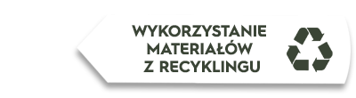 Biały znak w kształcie strzałki z tekstem \'WYKORZYSTANIE MATERIAŁÓW Z RECYKLINGU\' oraz symbolem recyklingu.