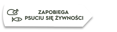Grafika przedstawia ikonę kurczaka i ryby obok tekstu: \'ZAPOBIEGA PSUCIU SIĘ ŻYWNOŚCI\'.