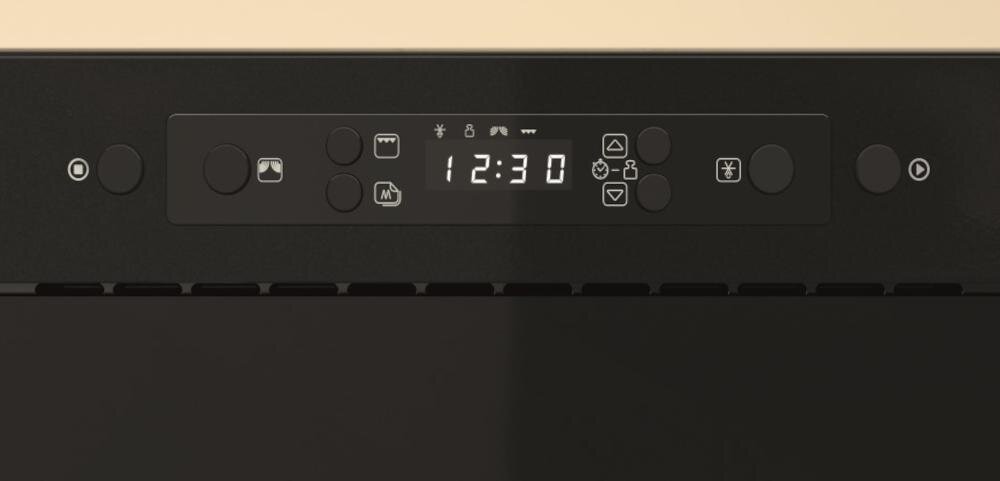 Panel sterowania kuchenki mikrofalowej z wyświetlaczem pokazującym godzinę 12:30 oraz różnymi ikonami i przyciskami funkcyjnymi.