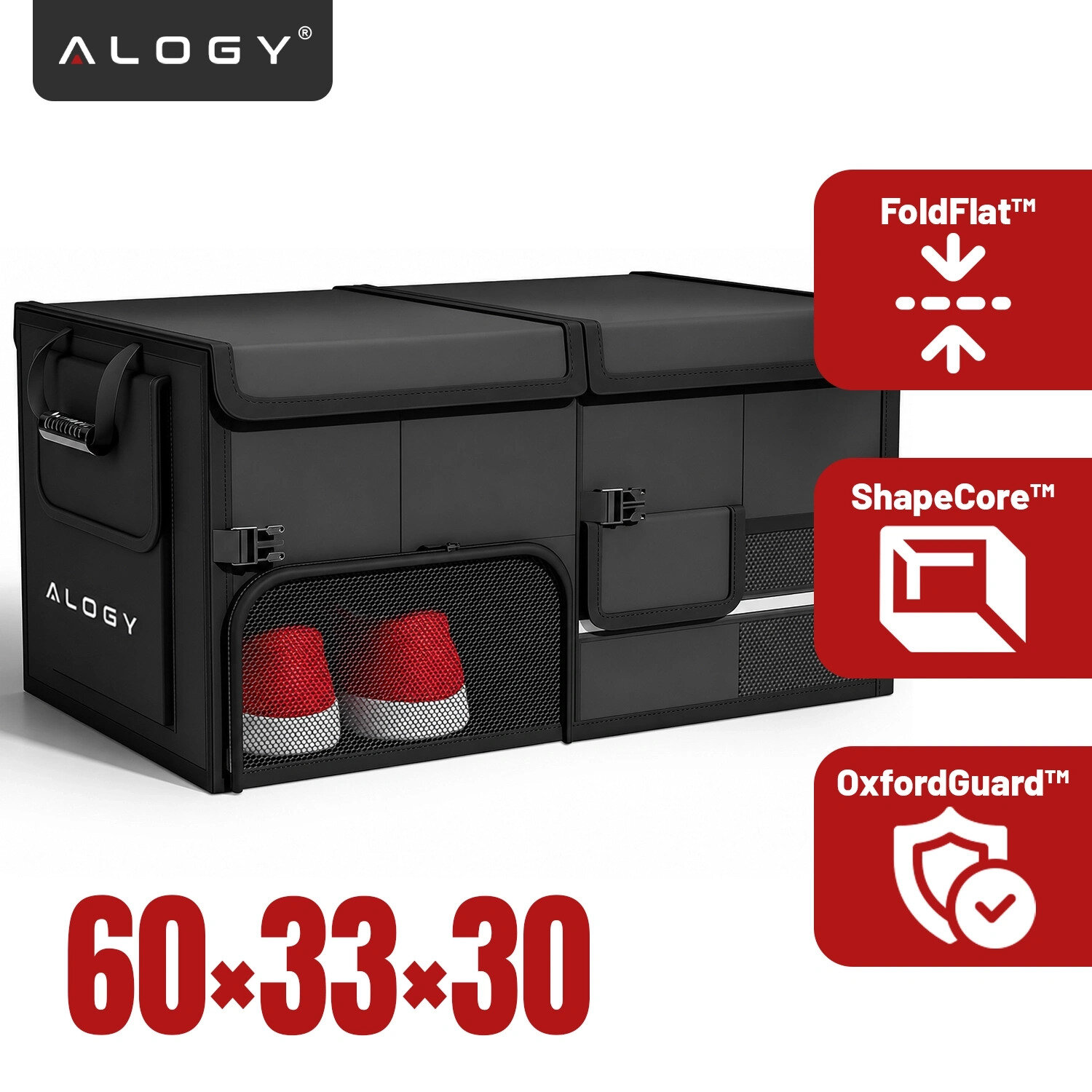 Czarny organizer do bagażnika samochodu z logo Alogy, posiada uchwyty i kieszenie z siatki, w których widoczne są czerwone buty. Obok znajdują się ikony z napisami: FoldFlat™, ShapeCore™, OxfordGuard™ oraz wymiary 60×33×30.