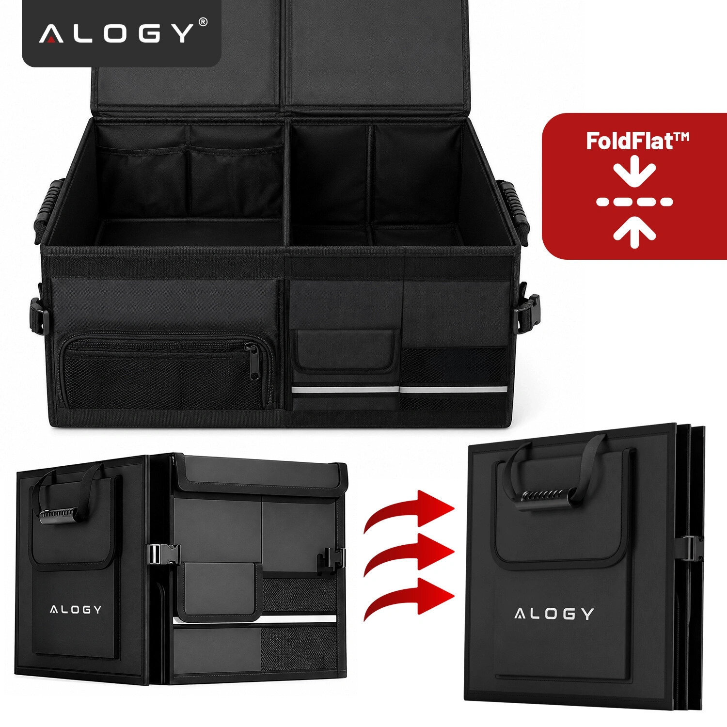 Na obrazie widoczny jest czarny organizer do bagażnika samochodu z logo \'ALOGY\', posiadający kilka przegródek i kieszeni. Obok znajduje się czerwony symbol z napisem \'FoldFlat™\'.