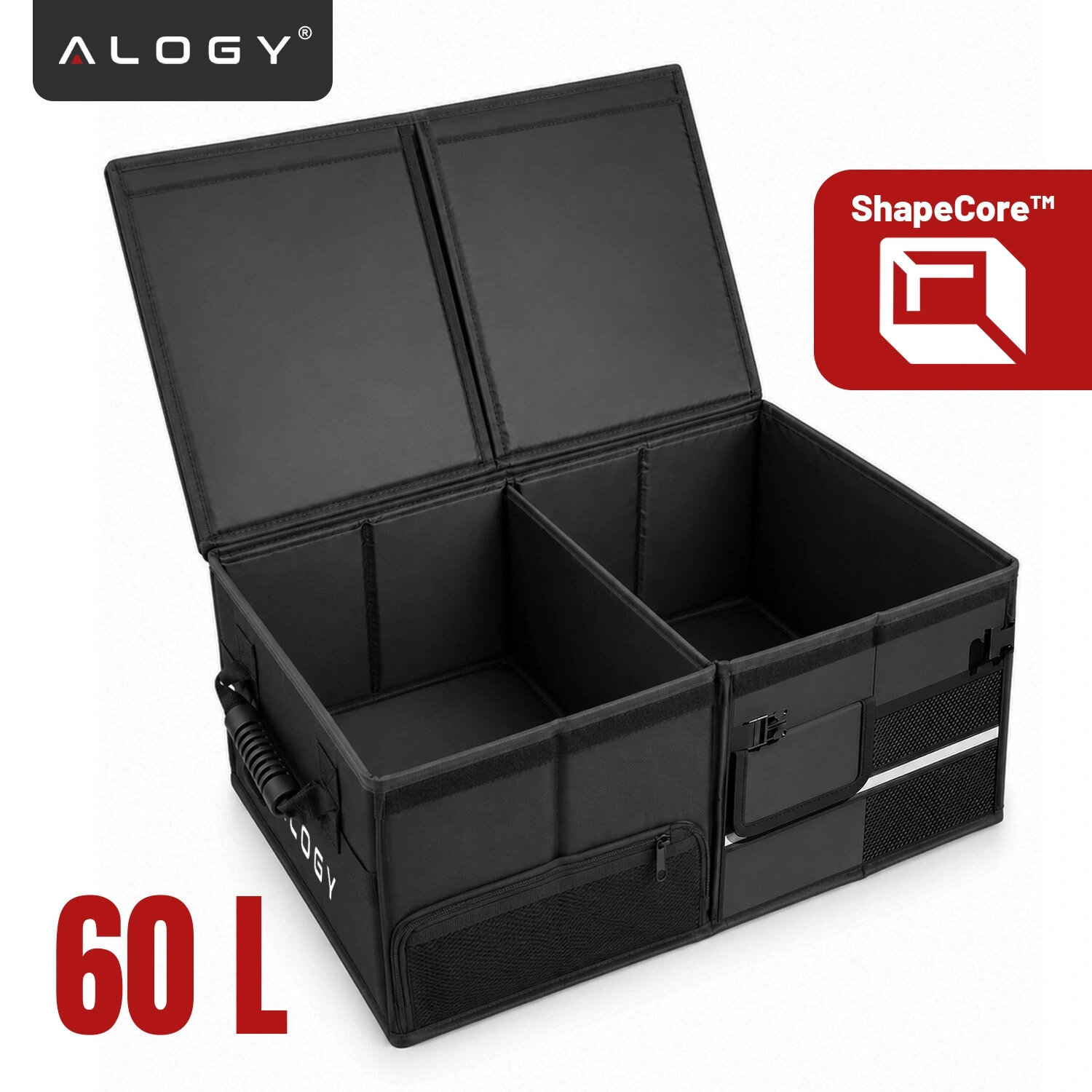 Czarny organizer do bagażnika samochodu z dwoma dużymi przegrodami i kilkoma kieszeniami zewnętrznymi. Widoczne napisy: \'ALOGY\', \'ShapeCore™\', \'60 L\'.
