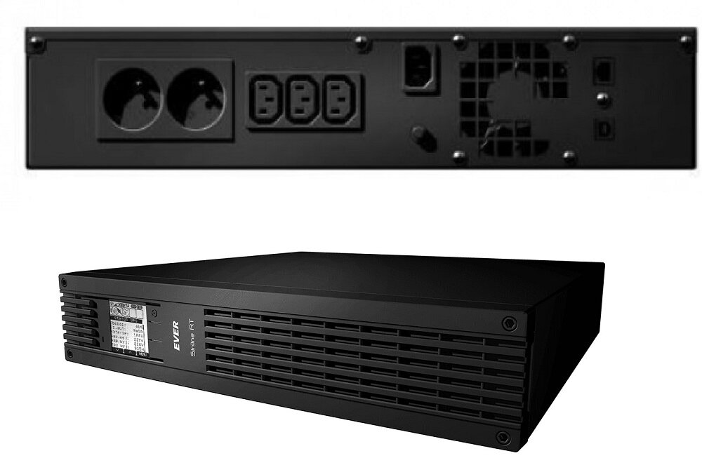 Na obrazie widoczny jest czarny zasilacz UPS z napisem \'EVER Sinline RT\' na przednim panelu. Tylny panel urządzenia posiada dwa gniazda zasilania, trzy gniazda typu IEC oraz wentylator.