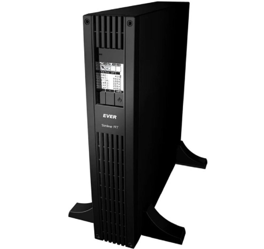 Czarny zasilacz UPS z widocznym logo \'EVER\' i napisem \'Sinline RT\' na przednim panelu. Urządzenie stoi na dwóch podstawach, a na panelu znajduje się wyświetlacz z przyciskami.