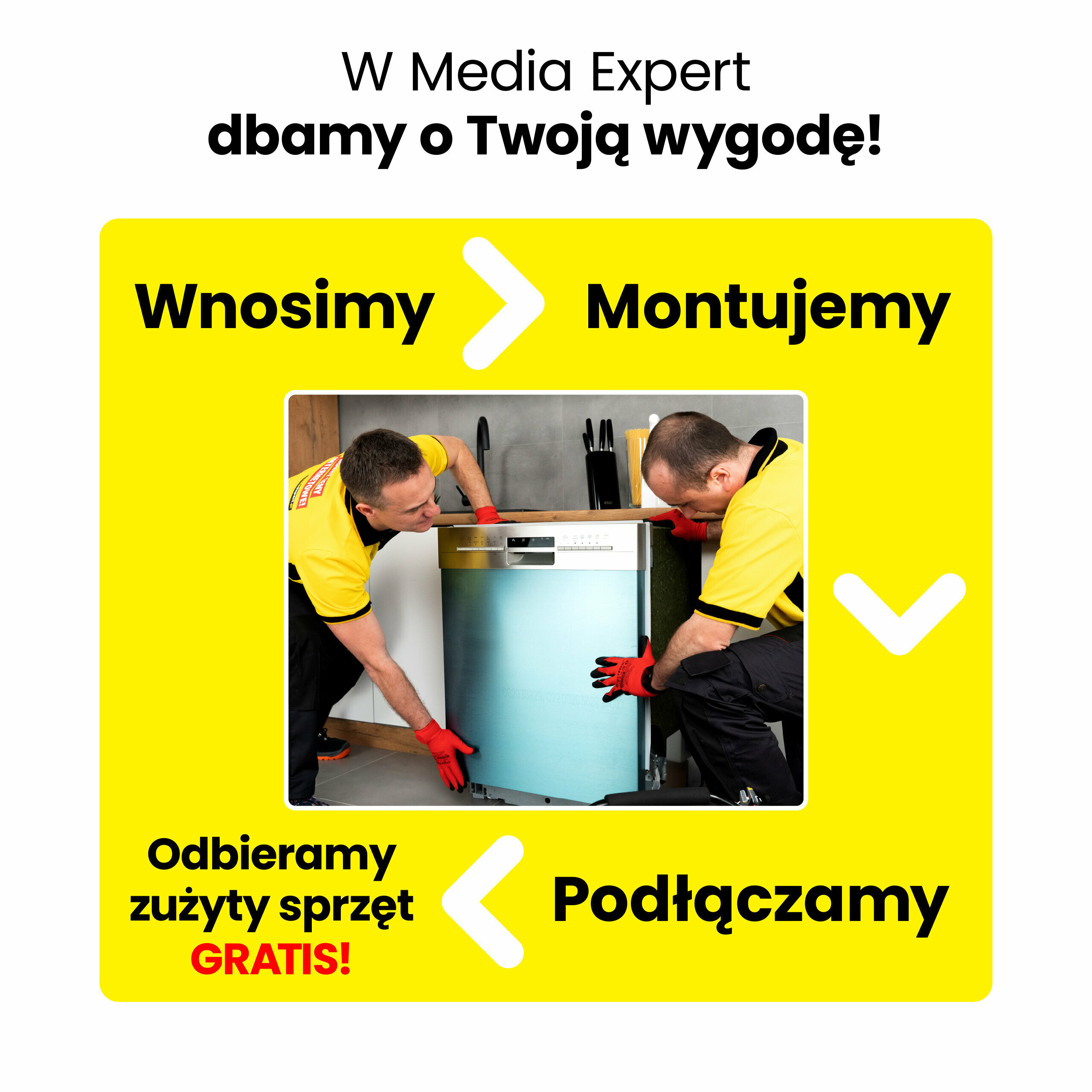 Dwóch mężczyzn w żółtych koszulkach montuje zmywarkę. Tekst na obrazie: \'W Media Expert dbamy o Twoją wygodę! Wnosimy > Montujemy > Podłączamy Odbieramy zużyty sprzęt GRATIS!\'.