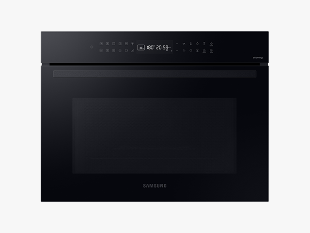 Czarny piekarnik elektryczny z panelem dotykowym i wyświetlaczem pokazującym temperaturę 180° oraz czas 20:59. Na froncie widoczne jest logo \'SAMSUNG\'.