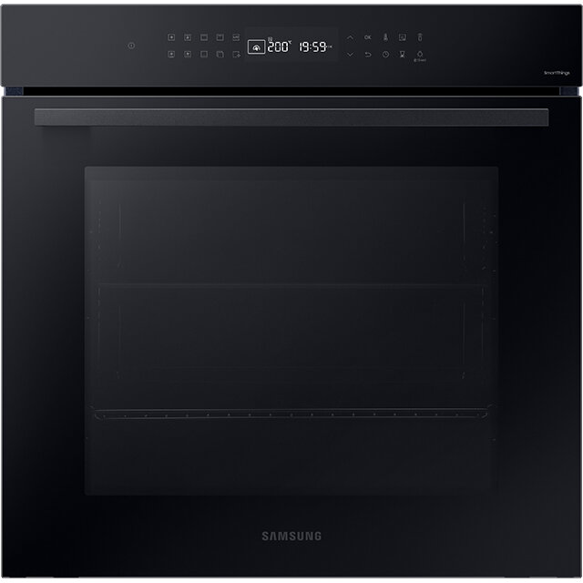 Czarny piekarnik elektryczny z panelem dotykowym i wyświetlaczem pokazującym temperaturę 200°C oraz godzinę 19:59. Na froncie widoczne jest logo \'SAMSUNG\'.