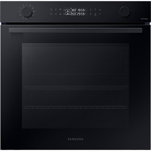 Czarny piekarnik elektryczny z panelem sterowania z pokrętłami i wyświetlaczem cyfrowym. Na froncie widoczne jest logo \'SAMSUNG\'.