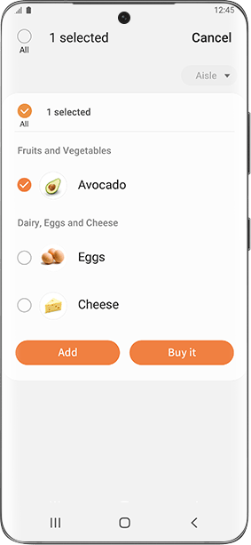 Ekran aplikacji na smartfonie z listą zakupów. Zaznaczone są opcje: \'Avocado\' pod \'Fruits and Vegetables\' oraz przyciski \'Add\' i \'Buy it\'.