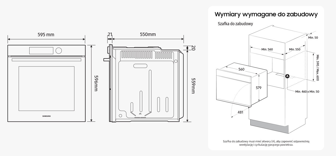 Rysunek techniczny przedstawia wymiary piekarnika oraz wymagania dotyczące zabudowy. Wymiary piekarnika to 595 mm szerokości, 596 mm wysokości i 550 mm głębokości, a minimalne wymiary szafki do zabudowy to 560 mm szerokości, 579 mm wysokości i 550 mm głębokości.