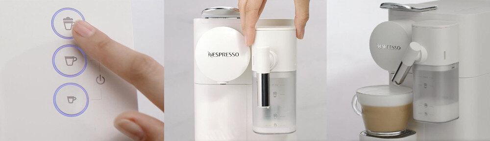 Na obrazie widoczny jest ekspres do kawy z logo Nespresso, z funkcją spieniania mleka. Obok ekspresu znajduje się filiżanka z kawą.