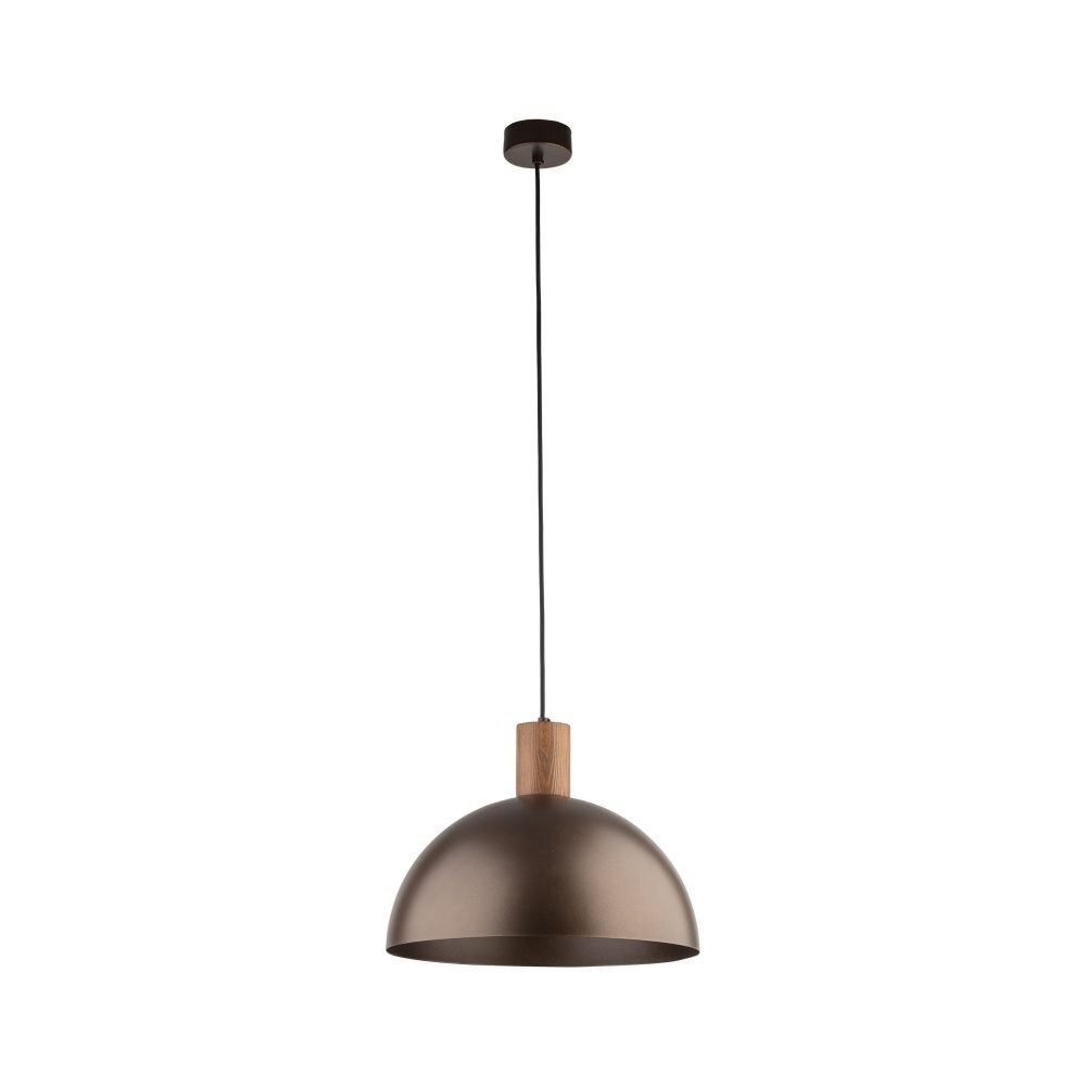 Brązowa lampa wisząca z półkulistym kloszem i drewnianym elementem przy mocowaniu. Lampa jest zawieszona na cienkim, czarnym przewodzie.
