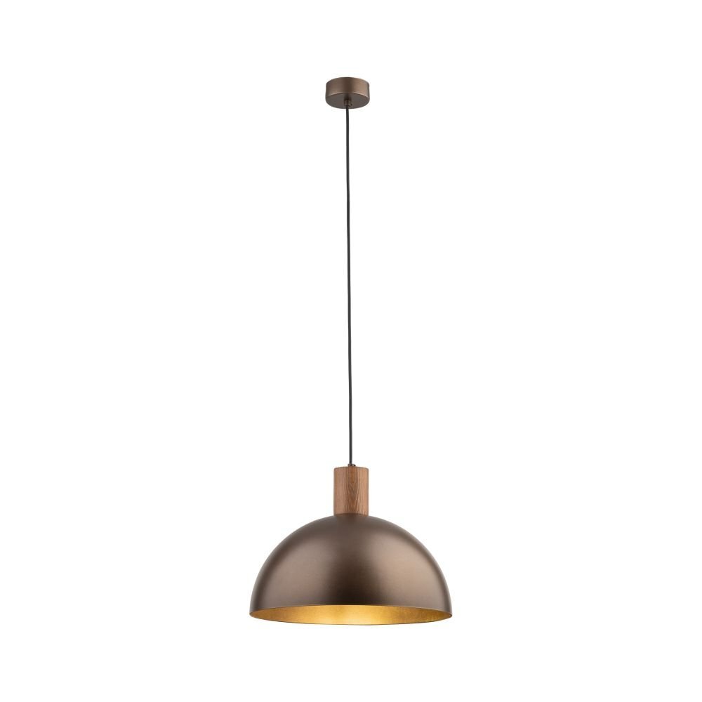 Lampa wisząca w kolorze brązowym z półkulistym kloszem i regulowaną wysokością. Klosz jest zawieszony na cienkim czarnym przewodzie.
