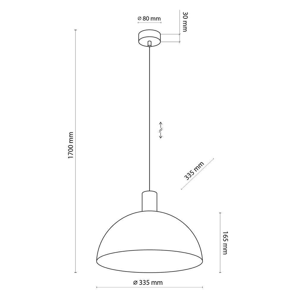 Schematyczny rysunek lampy wiszącej z wymiarami: wysokość całkowita 1700 mm, średnica klosza 335 mm, wysokość klosza 165 mm, średnica mocowania sufitowego 80 mm, wysokość mocowania 30 mm. Lampa ma regulowaną wysokość przewodu do 335 mm.
