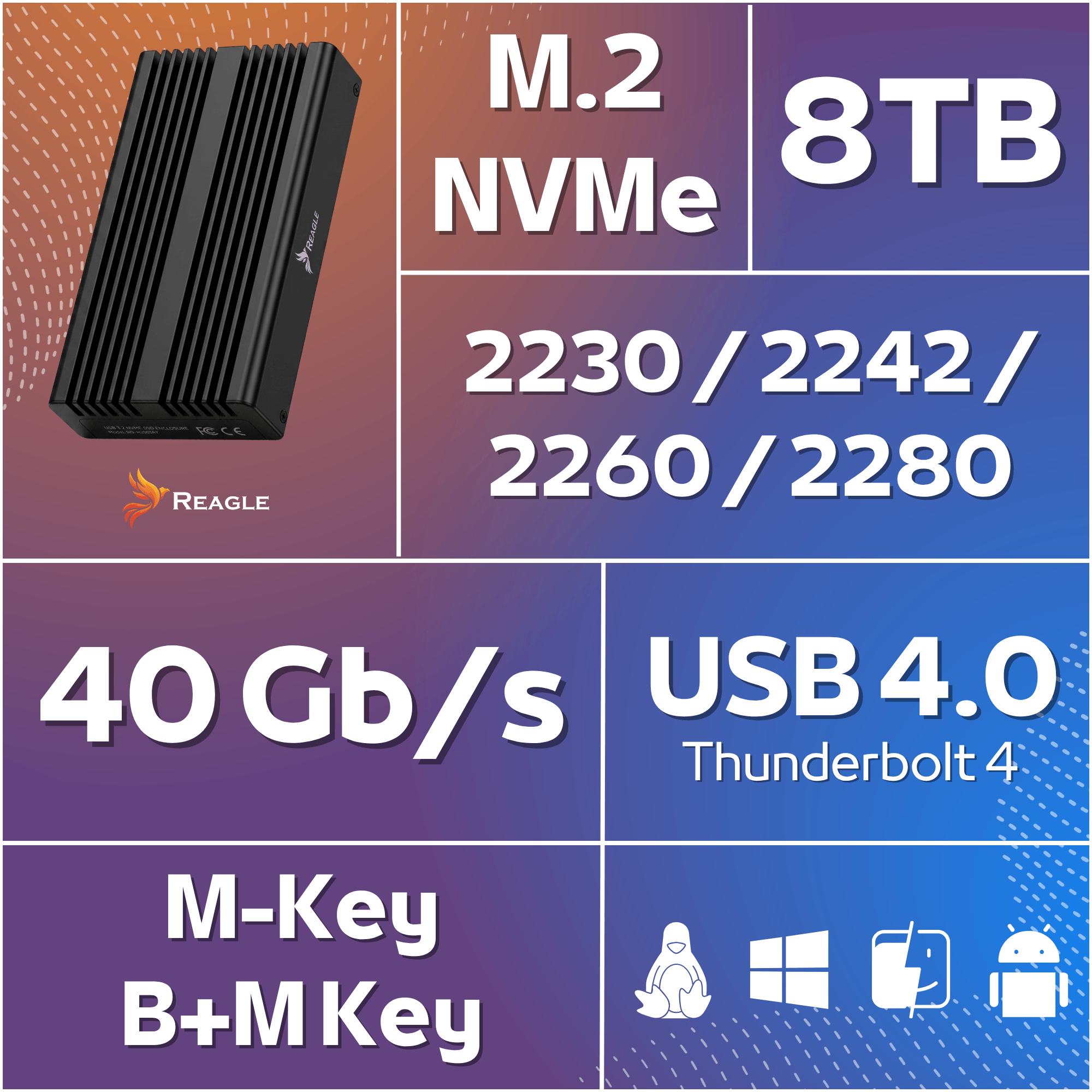 Obraz przedstawia czarną obudowę dysku SSD z logo Reagle oraz specyfikacje: M.2 NVMe, 8TB, 2230/2242/2260/2280, 40 Gb/s, USB 4.0 Thunderbolt 4, M-Key B+M Key. Widoczne są także ikony systemów operacyjnych: Linux, Windows, macOS i Android.