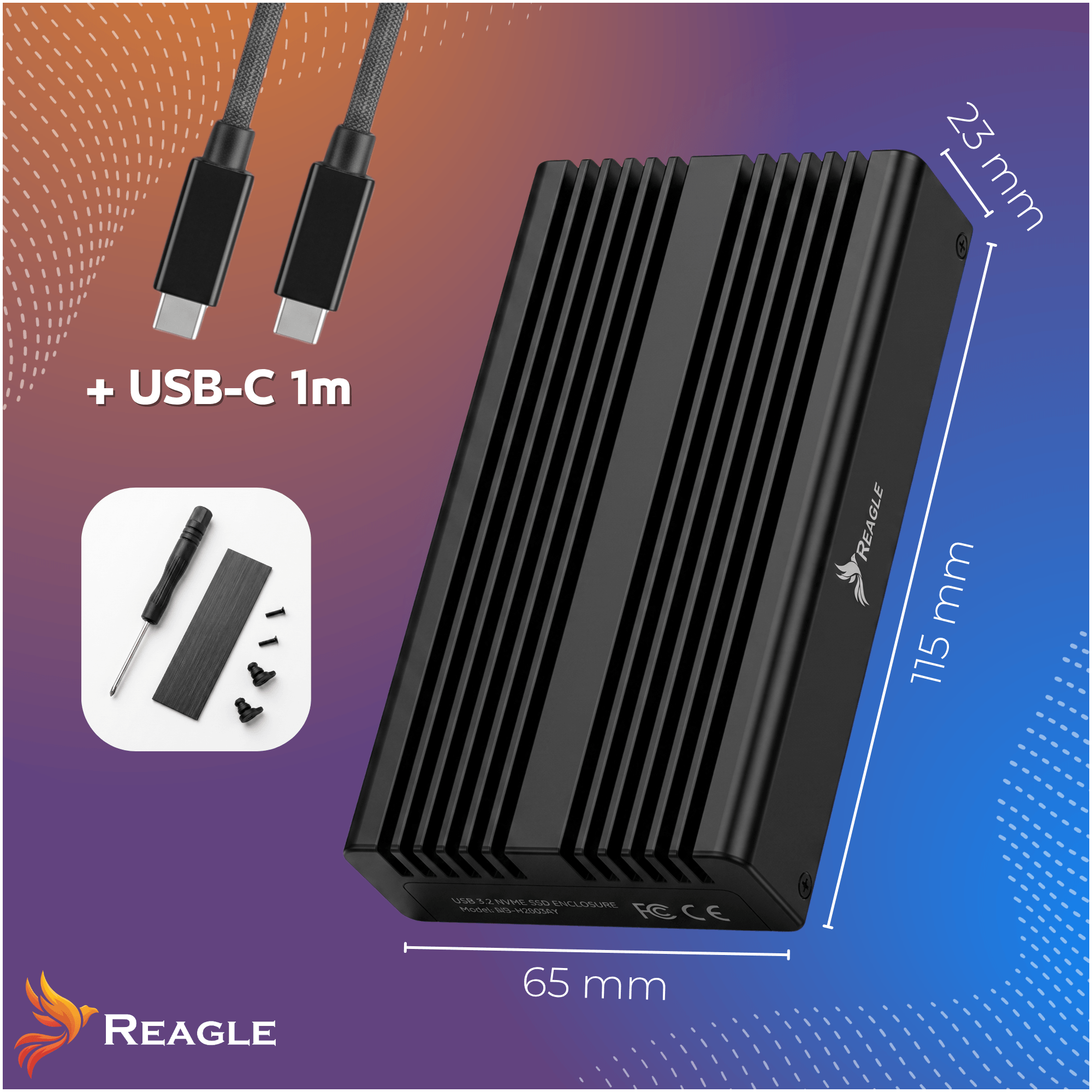 Obraz przedstawia czarną obudowę dysku SSD z logo Reagle, o wymiarach 115 mm x 65 mm x 23 mm. Obok znajduje się kabel USB-C o długości 1 m oraz zestaw montażowy z wkrętakiem i śrubkami.