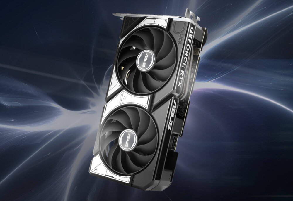 Karta graficzna z dwoma dużymi wentylatorami, na której widoczne są napisy \'GEFORCE RTX\' i \'ASUS\'. Tło jest dynamiczne, z abstrakcyjnymi, świetlistymi wzorami.