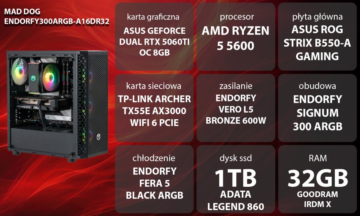 Obraz przedstawia komputer z podświetleniem RGB oraz specyfikację techniczną: karta graficzna ASUS GeForce Dual RTX 5060Ti OC 8GB, procesor AMD Ryzen 5 5600, płyta główna ASUS ROG Strix B550-A Gaming, karta sieciowa TP-Link Archer TX55E AX3000 WiFi 6 PCIe, zasilanie Endorfy Vero L5 Bronze 600W, obudowa Endorfy Signum 300 ARGB, chłodzenie Endorfy Fera 5 Black ARGB, dysk SSD 1TB ADATA Legend 860, RAM 32GB Goodram IRDM X.