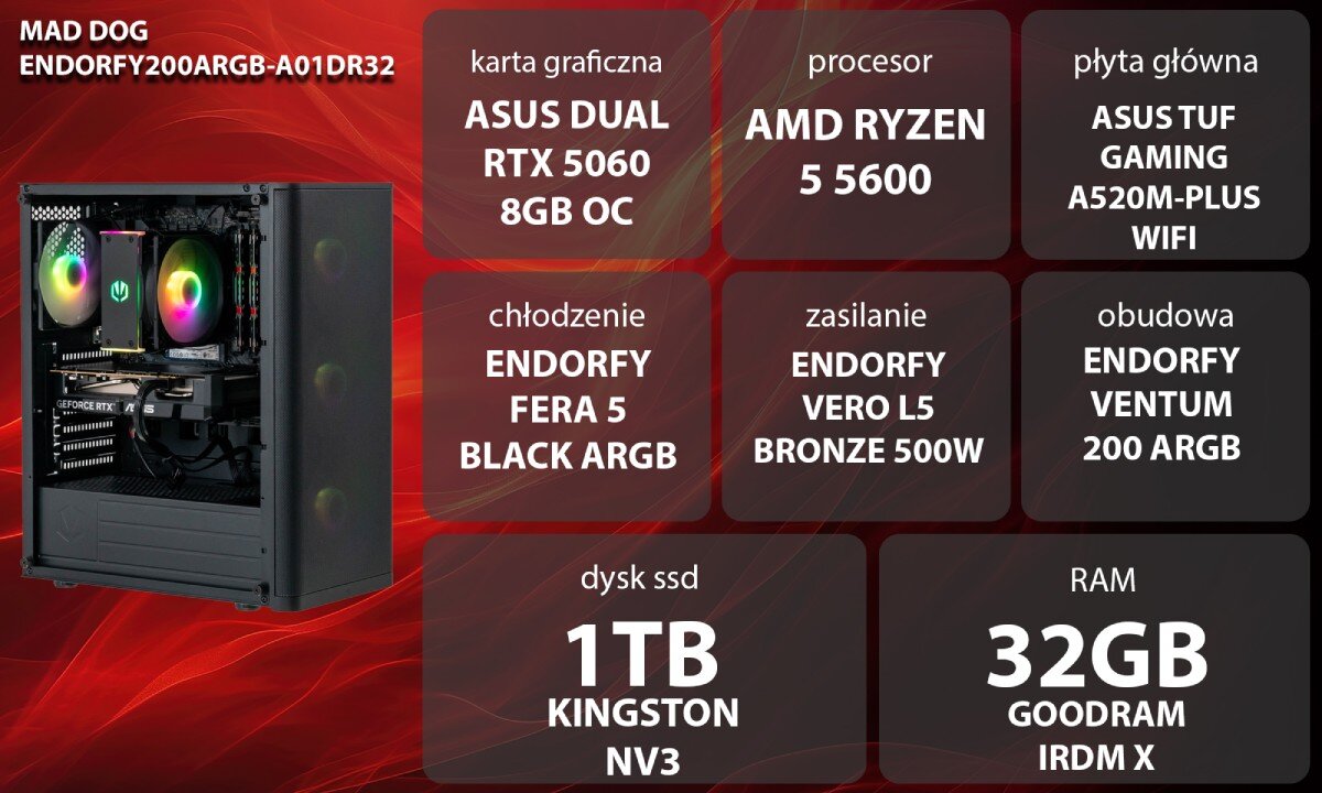 Obraz przedstawia komputer z podświetleniem RGB oraz specyfikację techniczną: karta graficzna ASUS DUAL RTX 5060 8GB OC, procesor AMD RYZEN 5 5600, płyta główna ASUS TUF GAMING A520M-PLUS WIFI, chłodzenie ENDORFY FERA 5 BLACK ARGB, zasilanie ENDORFY VERO L5 BRONZE 500W, obudowa ENDORFY VENTUM 200 ARGB, dysk SSD 1TB KINGSTON NV3, RAM 32GB GOODRAM IRDM X.
