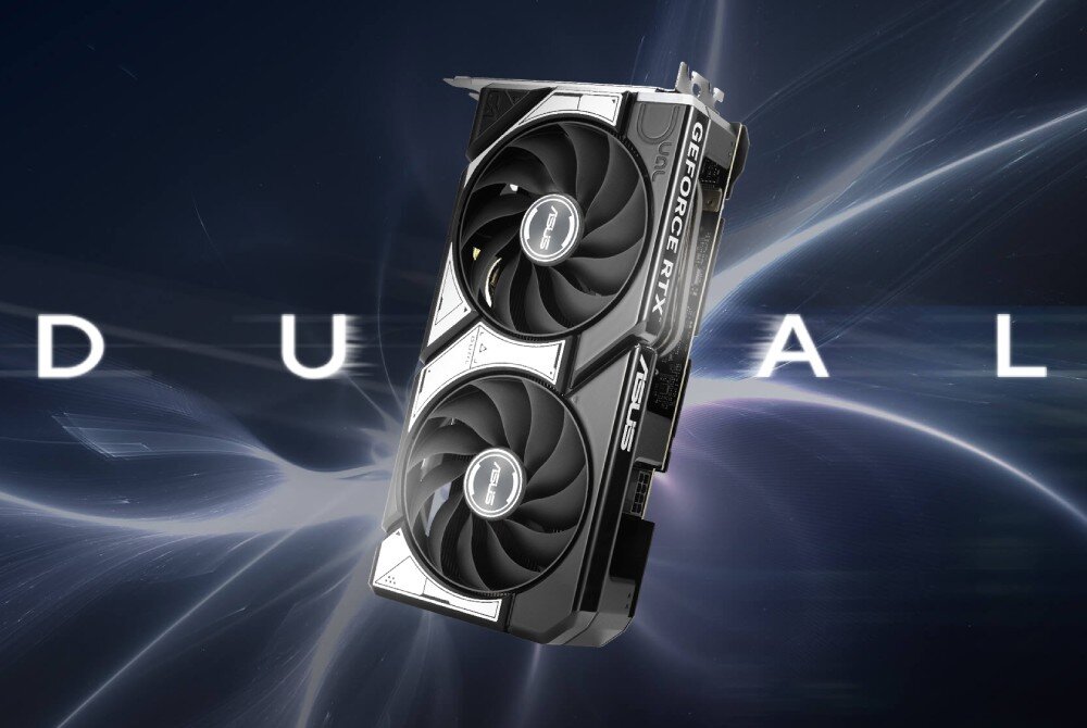Karta graficzna z dwoma dużymi wentylatorami, na której widoczne są napisy \'GEFORCE RTX\' i \'ASUS\'. W tle znajduje się rozmyty napis \'DUAL\' na ciemnym, dynamicznym tle.
