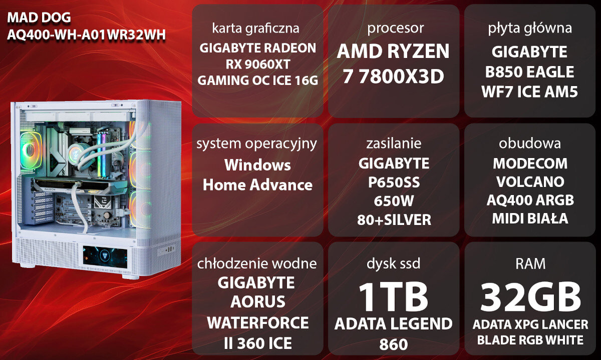 Obraz przedstawia komputer z podświetleniem RGB oraz specyfikację techniczną, w tym procesor AMD Ryzen 7 7800X3D, kartę graficzną Gigabyte Radeon RX 9060XT Gaming OC ICE 16G, 32GB RAM ADATA XPG Lancer Blade RGB White i 1TB SSD ADATA Legend 860.