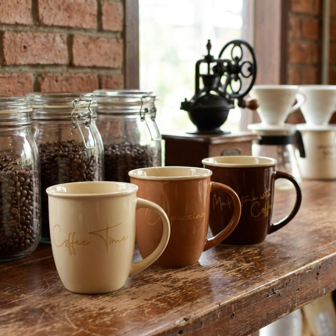 Na drewnianym stole stoją trzy kubki w różnych odcieniach brązu z napisami: \'Coffee Time\', \'Cappuccino\', \'Make time with Coffee\'. W tle znajdują się słoiki z ziarnami kawy i stary młynek do kawy.