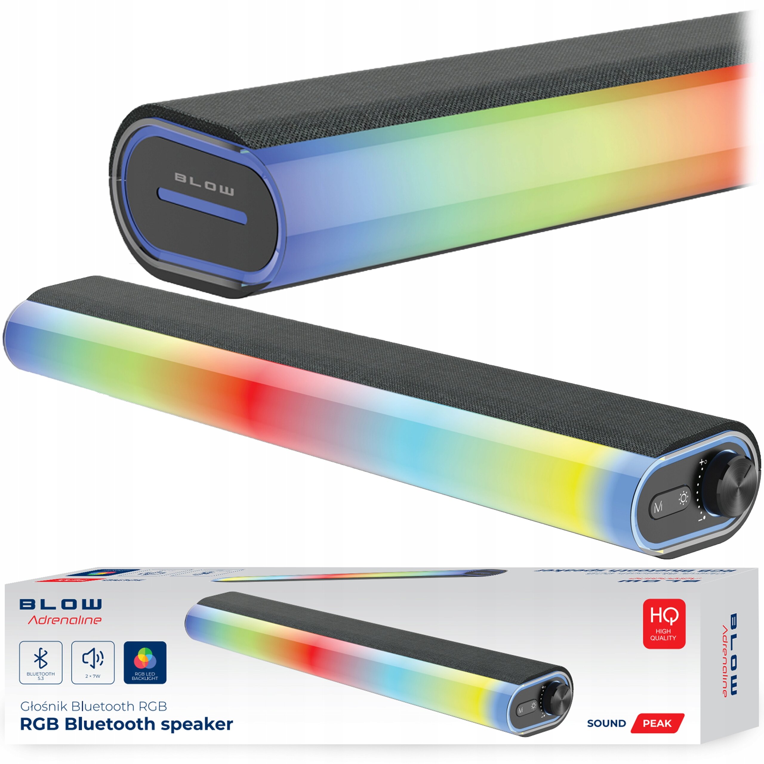 Czarny głośnik soundbar z podświetleniem LED RGB, posiada pokrętło i przyciski na jednym z końców. Na opakowaniu widnieje napis: \'BLOW Adrenaline Głośnik Bluetooth RGB Bluetooth speaker\'.