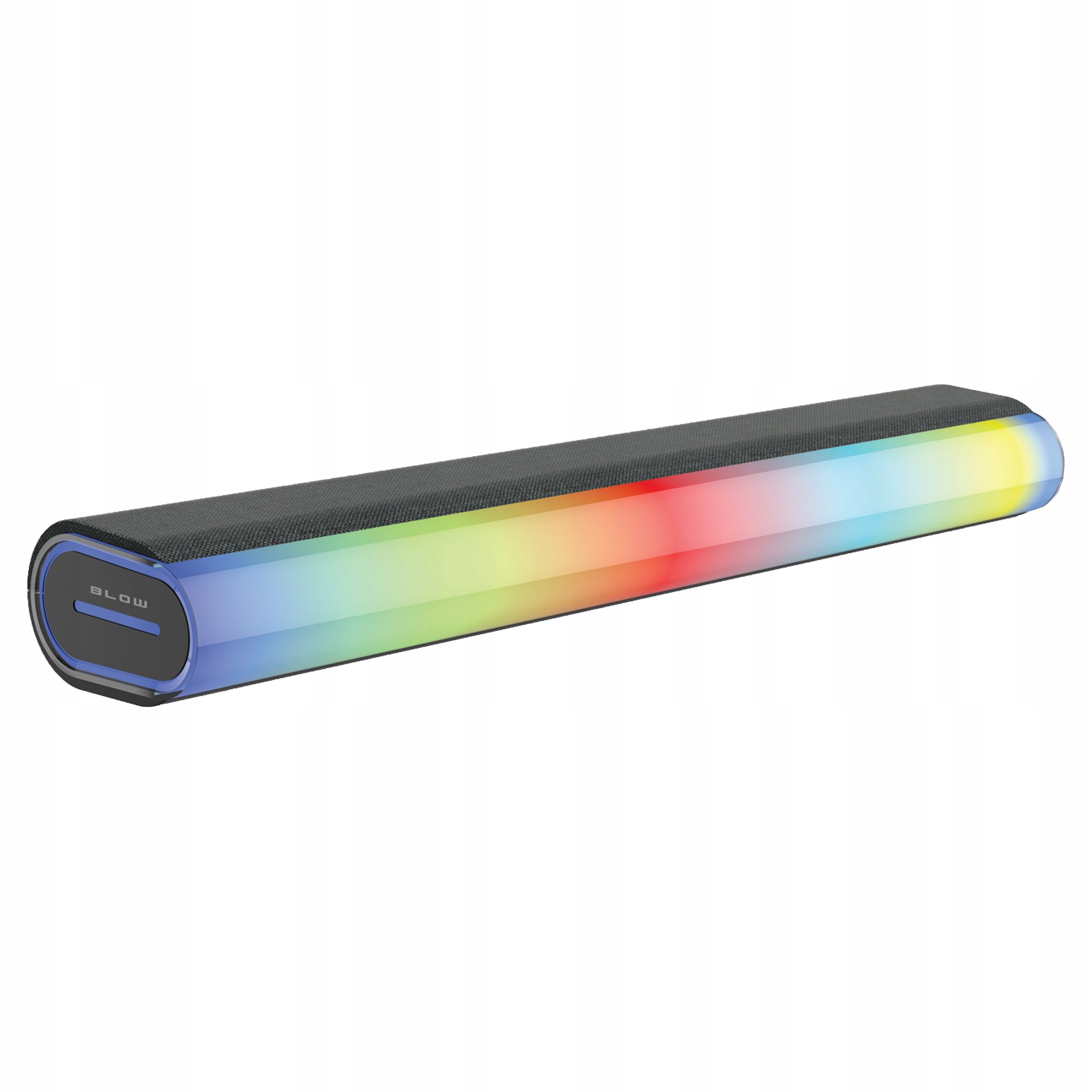 Czarny głośnik soundbar z podświetleniem LED RGB, widoczny napis \'BLOW\' na jednym z boków.