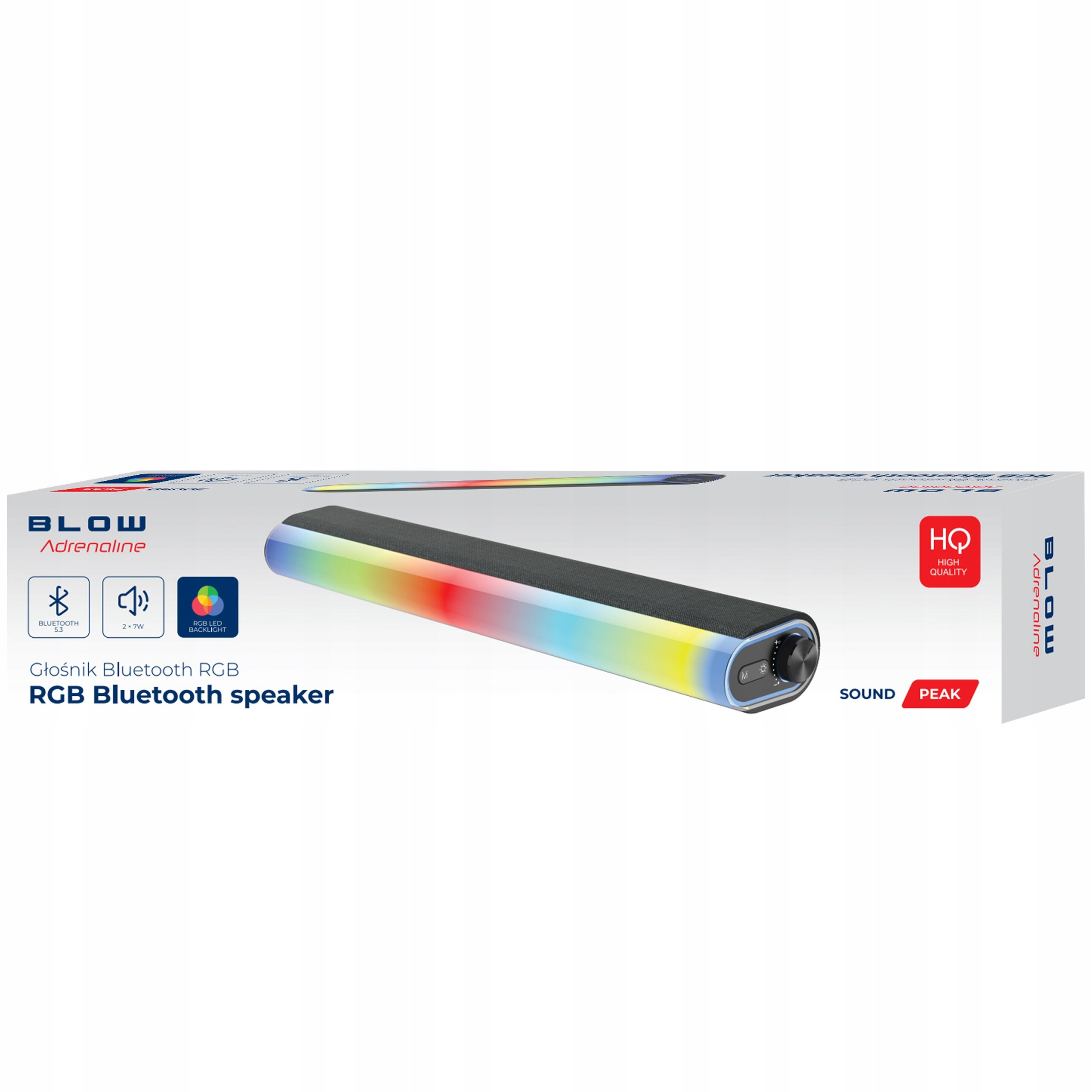 Opakowanie głośnika Bluetooth z efektem RGB, z widocznymi kolorowymi światłami na froncie. Na opakowaniu znajdują się napisy: \'BLOW Adrenaline\', \'Głośnik Bluetooth RGB\', \'RGB Bluetooth speaker\', oraz ikony Bluetooth, 2x 7W i LED RGB.