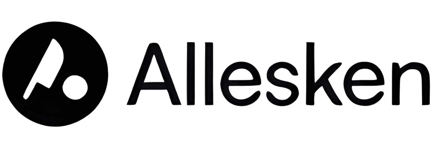 Logo przedstawia czarny okrąg z białym symbolem noża oraz napis \'Allesken\'.