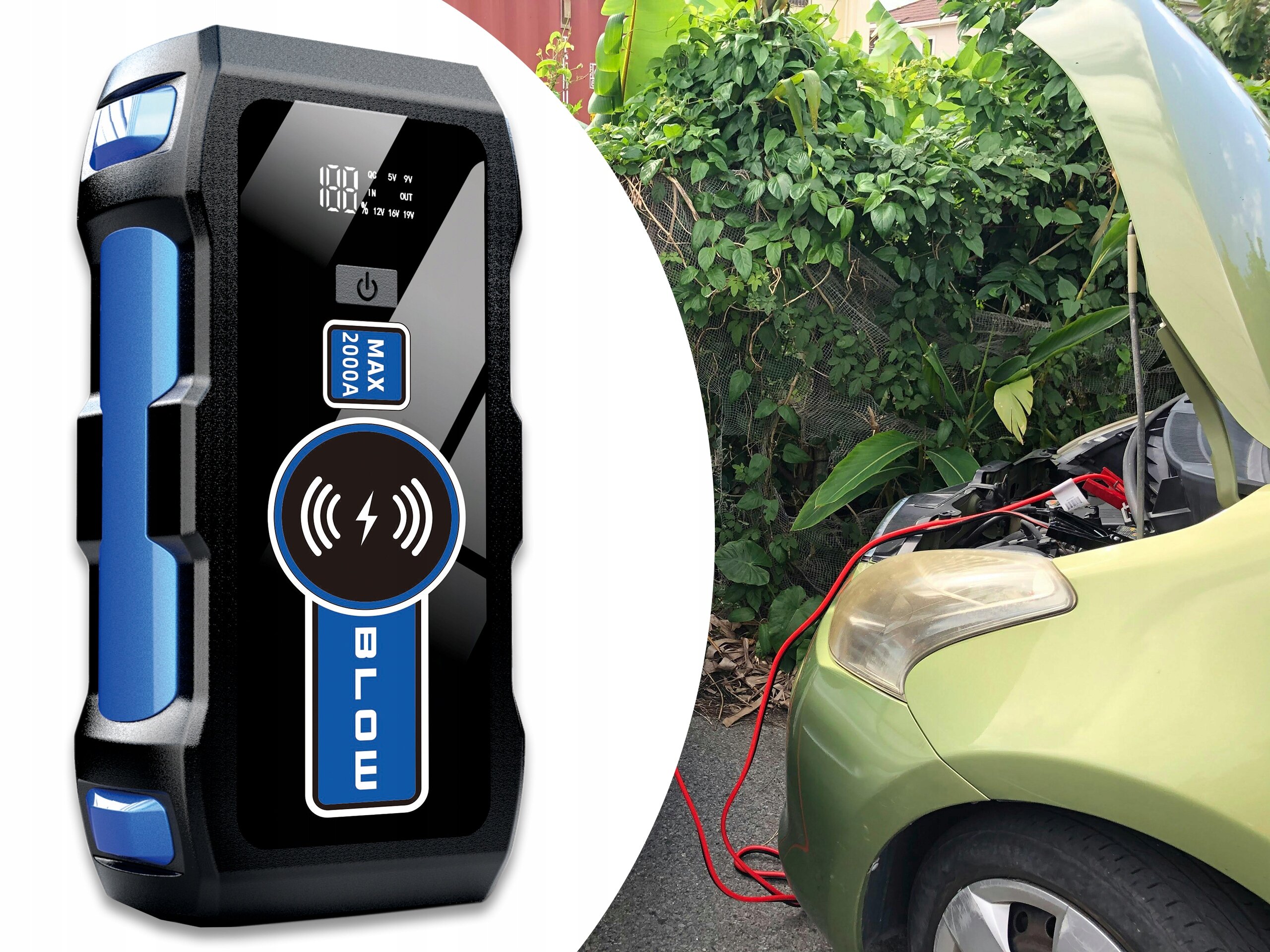 Na obrazie widoczny jest czarno-niebieski powerbank z napisem \'MAX 2000A BLOW\' oraz samochód z otwartą maską, do którego podłączone są czerwone kable rozruchowe.