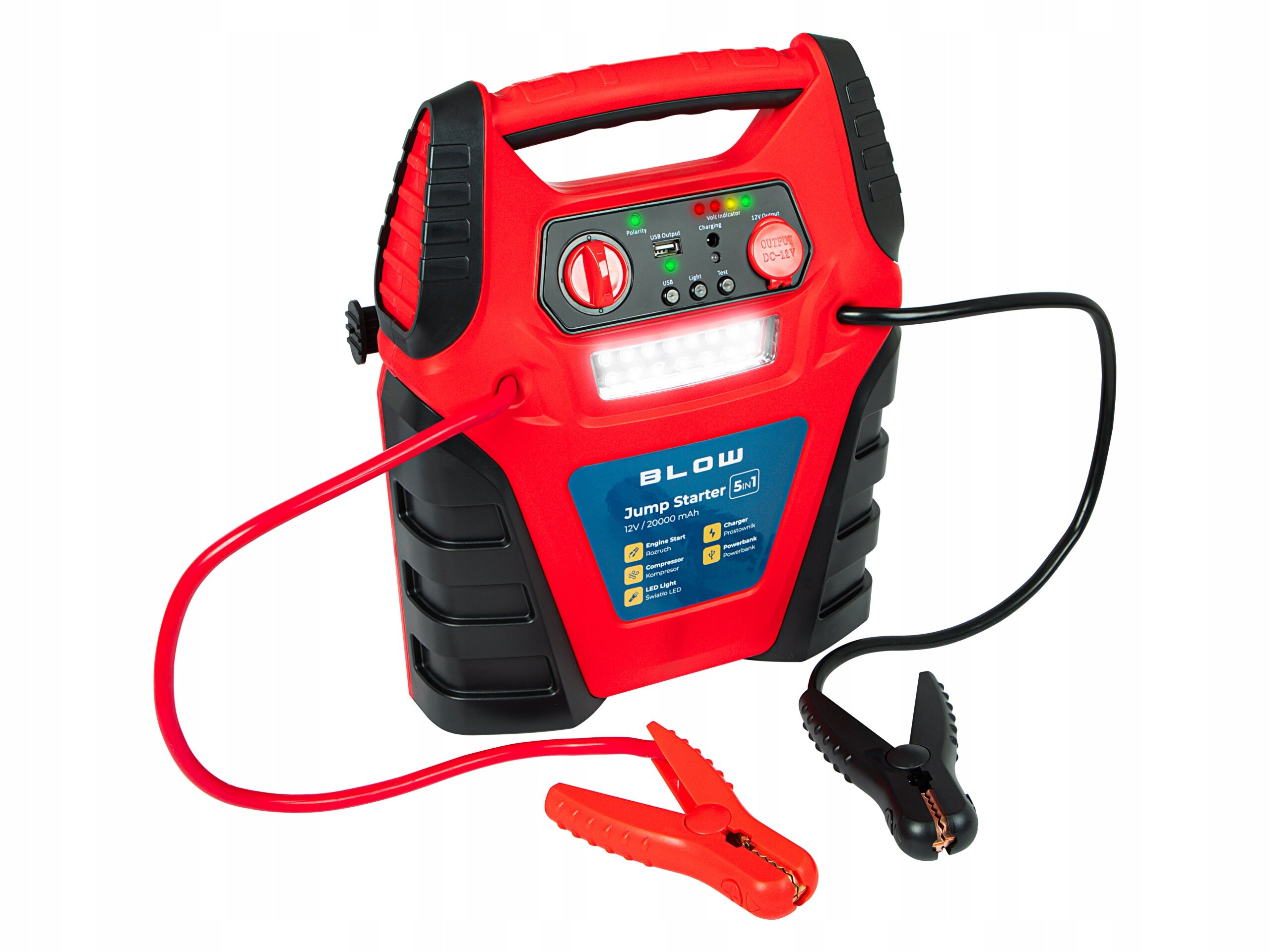 Czerwono-czarny urządzenie z uchwytem, posiadające panel sterujący z pokrętłem i przyciskami oraz wyświetlaczem LED. Na obudowie widoczny jest napis \'BLOW Jump Starter 5w1 12V/20000 mAh\'.