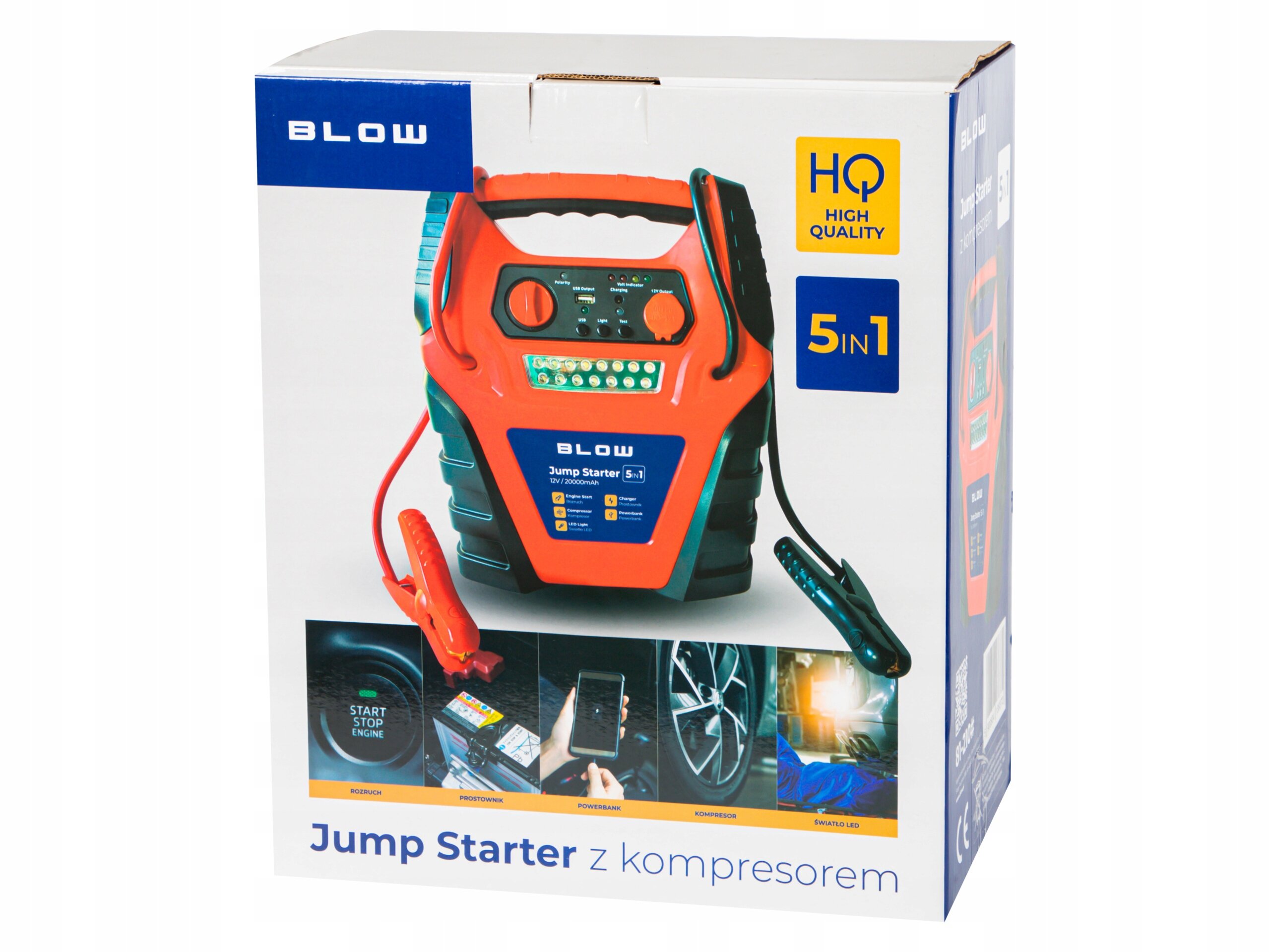 Opakowanie produktu z napisem \'BLOW Jump Starter 5in1\' oraz \'Jump Starter z kompresorem\'. Widoczne są również zdjęcia przedstawiające różne funkcje urządzenia oraz logo \'HQ HIGH QUALITY\'.
