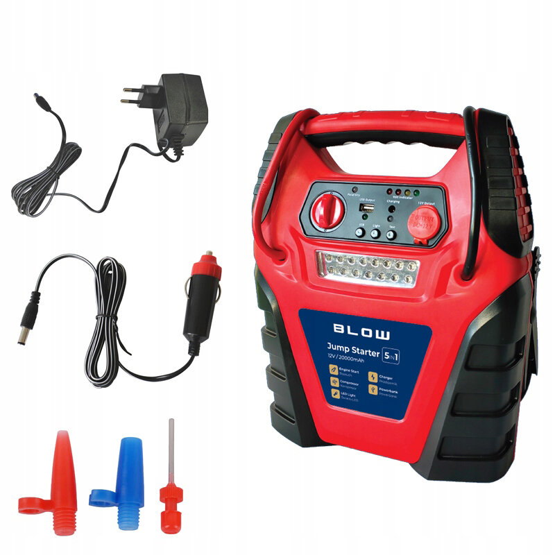 Na obrazie widoczny jest czerwono-czarny urządzenie z napisem \'BLOW Jump Starter 5w1 12V / 20000mAh\', z kilkoma przyciskami i diodami LED. Obok znajdują się różne akcesoria, w tym przewody zasilające i kolorowe końcówki.