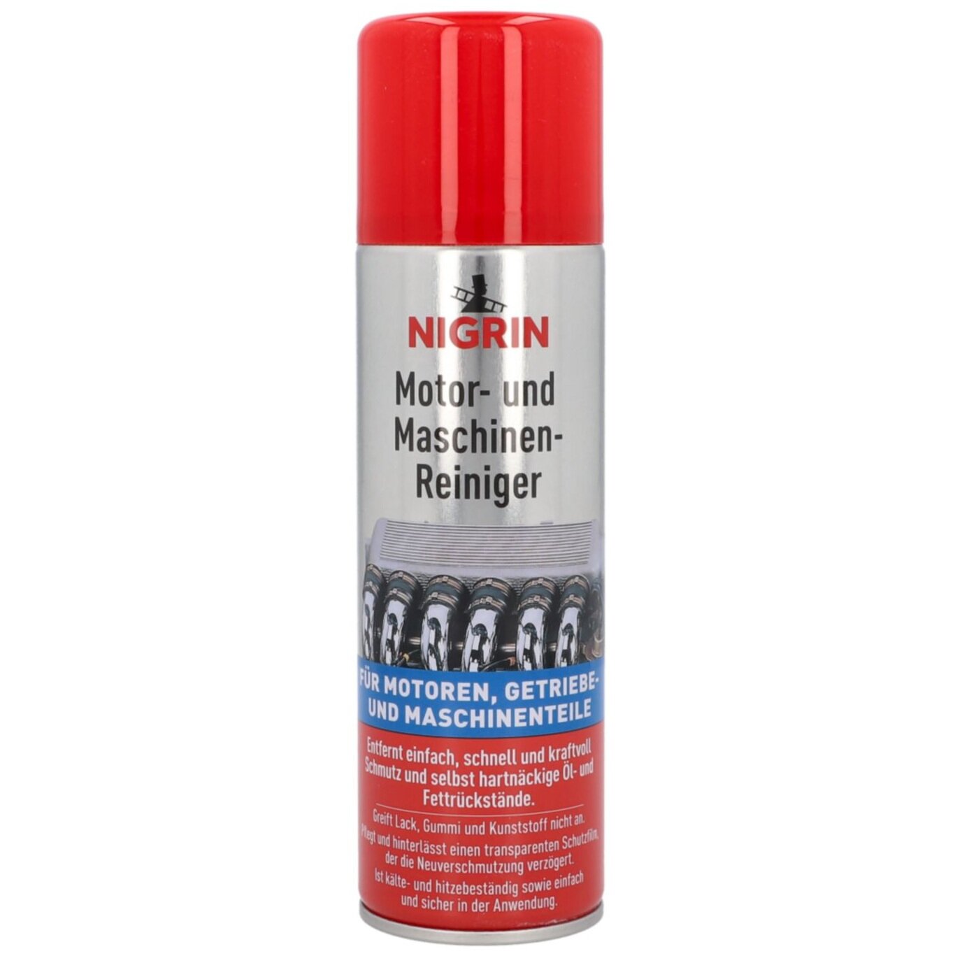 Spray w srebrnym opakowaniu z czerwonym korkiem, z widocznym logo \'NIGRIN\' oraz napisem \'Motor- und Maschinen-Reiniger\'. Na etykiecie znajdują się dodatkowe informacje w języku niemieckim dotyczące zastosowania produktu.