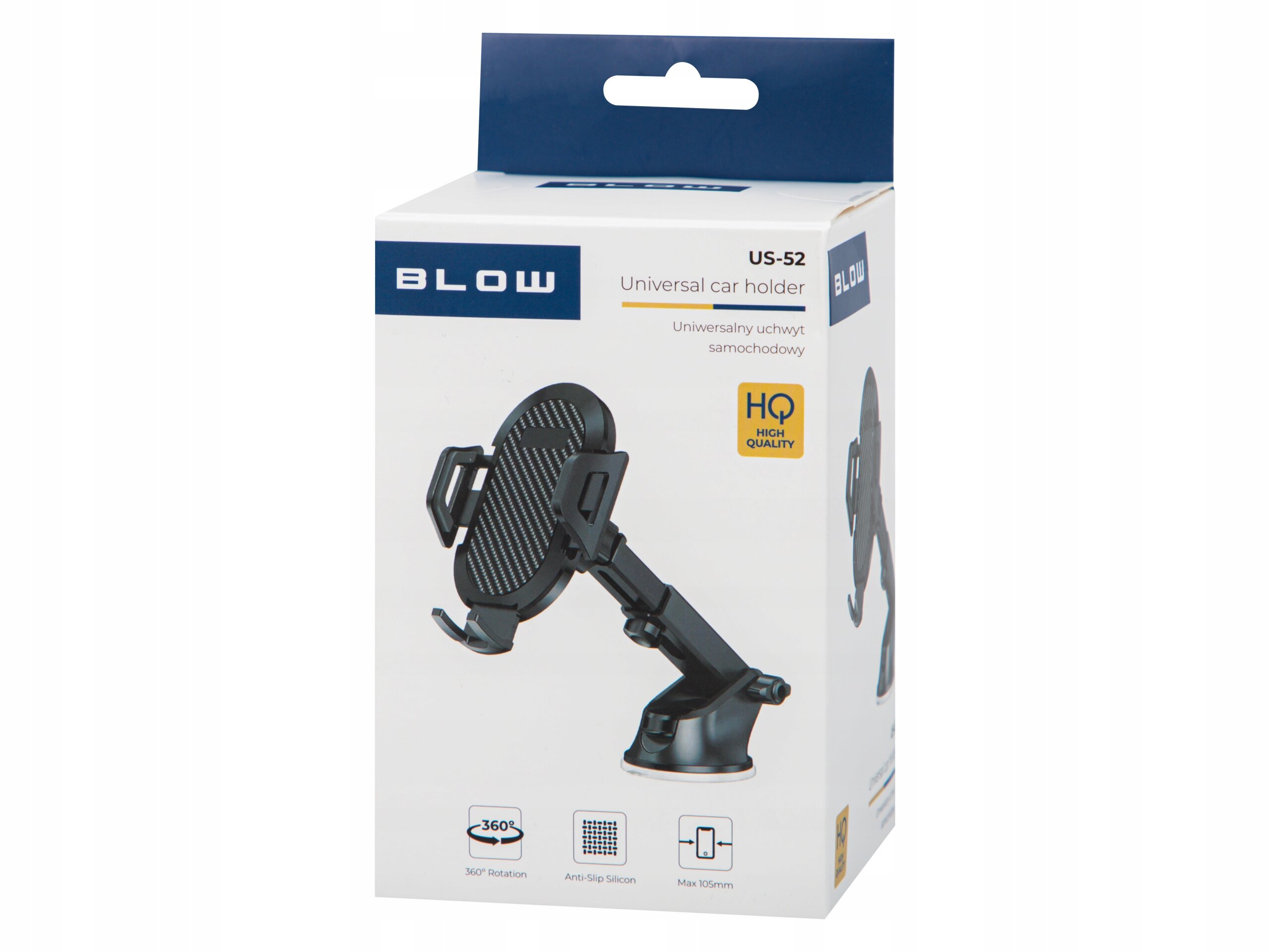 Opakowanie produktu z napisem \'BLOW\' i \'Universal car holder\'. Widoczny jest obrazek uchwytu samochodowego oraz tekst \'Uniwersalny uchwyt samochodowy\'.