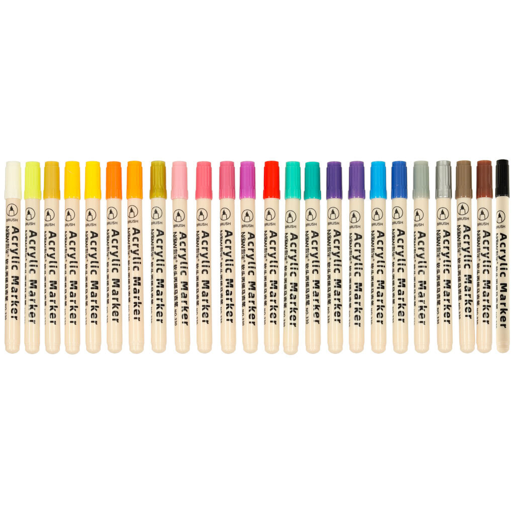 Na obrazie widoczne są 24 markery akrylowe w różnych kolorach, ułożone w jednym rzędzie. Na każdym markerze znajduje się napis \'Acrylic Marker\'.